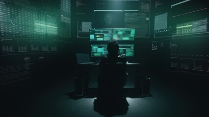 Minimalistic concept shot of alone hacker programmer surrounded by programming codes interface in a dark ambient cyber space, sitting at a table with four monitors doing a hacking attack