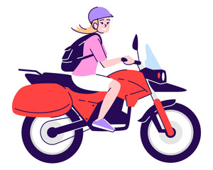 Canvas Print - Smiling girl riding motorcycle semi flat RGB color vector illustration. Sitting figure. Active lifestyle. Person using rental service for traveling isolated cartoon character on white background