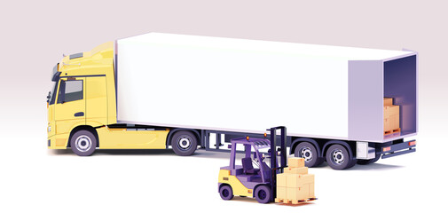 Wall Mural - Vector forklift loading semi-truck trailer. Yellow forklift loading pallets with cardboard boxes into trailer of the truck