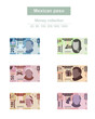 Mexican peso Vector Illustration. Mexico money set bundle banknotes. Paper money 20, 50, 100, 200, 500, 1000 MXN. Flat style. Isolated on white background. Simple minimal design.