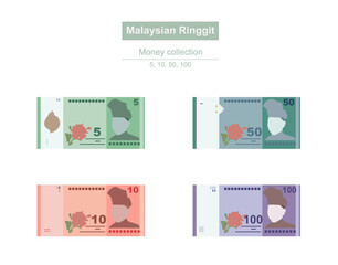 Wall Mural - Malaysian Ringgit Vector Illustration. Malaysia, Indonesia, Philippines, Thailand, Vietnam money set bundle banknotes. Paper money 5, 10, 50, 100 MYR. Flat style. Isolated on white background.