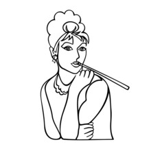 Vector Illustration, One Line Portrait Of Audrey Hepburn, A Portrait Of The Modern Woman Smoking Mouthpiece, Isolated On White