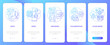 UCaaS functions blue gradient onboarding mobile app screen. Connection walkthrough 5 steps graphic instructions pages with linear concepts. UI, UX, GUI template. Myriad Pro-Bold, Regular fonts used