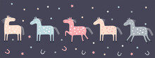 Vector Border With Cute Pastel Horses Isolated On A Black Background. Pony Set For Kids. 