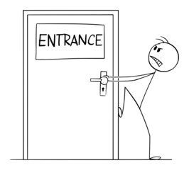 Wall Mural - Person Trying to Open Locked or Blocked Entrance Door , Vector Cartoon Stick Figure Illustration