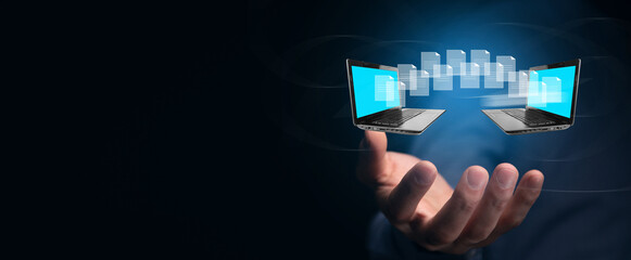 man holding transfer file in screen