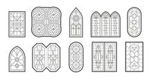 Gothic Windows. Vertical Geometrical Big Window Frames With Catholic Mosaic Decoration Garish Vector Illustrations Set