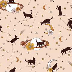 Sticker - Moony black cat Constellation Floral moon Boho Halloween vector seamless pattern. Black pussycat silhouette among stars light background. Esoteric galaxy night sky surface design.