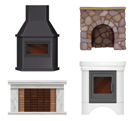 Sticker - Fireplace realistic. Home modern chimney place for relax concept symbols of cosiness decent vector pictures of fireplaces from bricks and decorative columns