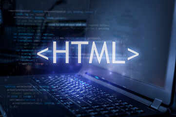 Wall Mural - html inscription against laptop and code background. learn html programming language, computer cours