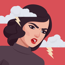 Woman Feeling Bad Wild, Intense Anger, Beautiful Fury Lady Portrait. Smart Modern Female Social Media Profile Picture. Vector Flat Style Creative Illustration, Storm And Lightning Cloud Background
