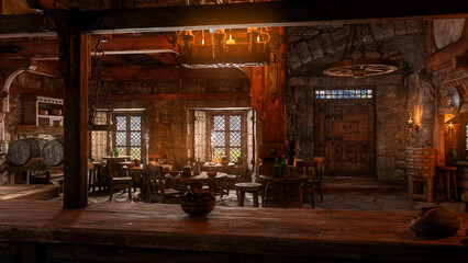 Poster - Medieval tavern bar interior lit by candles and daylight through windows. 3D rendering..