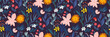 Bright summer flowers, leaves, herbs on a dark blue background. Abstract seamless floral pattern. Forest plants collection in a hand-drawn style. Vector illustration for fabrics, wallpapers, prints