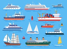 Sea Ship. Sailing Ships, Big Fishing Boat. Sea Container Transportation, Ocean Water Transportation. Traveling And Vacations Icons, Cruise Exact Vector Elements