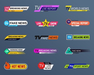 News bars. Tv banner, headers for videos. Strip graphic for text for videos, stream, channel. Headline bar, sport competition stripe, exact vector set