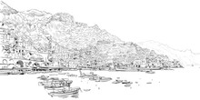 Amalfi. Italy. Urban Sketch. Mediterranean City. Hand Drawn Vector Illustration