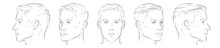 Vector Set Of Man Face Portrait Three Different Angles And Turns Of A Male Head. Close-up Line Sketch. Different View Front, Profile, Three-quarter Of A Boy.