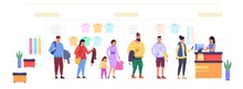Clothes Shopping Queue. Shoppers Queues At Counter Cashier Clothing Shop, Crowded Multi Store With Vendor Queuing Client Teenager With Bag Inside Mall, Garish Vector Illustration