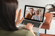 © InsideCreativeHouse - Daughter talking remotely on distance with senior old elderly grandparents parents on video call conference conversation online on laptop screen. Back view portrait. Family on lockdown.