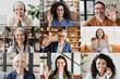 © InsideCreativeHouse - Business meeting conversation collage. Mockup for laptop tablet screen. Multinational colleagues talking on video call conference online. remote job, occupation work on distance.