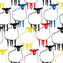 Funny Sheep Grazing In A Meadow, Seamless Pattern For Your Design. Vector Illustration
