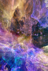 Wall Mural - Galaxy exploration through outer space 3D rendering illustration. Colourful nebulas, galaxies and stars in deep space, glowing gases and energy
