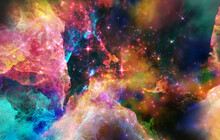 Galaxy Exploration Through Outer Space 3D Rendering Illustration. Colourful Nebulas, Galaxies And Stars In Deep Space, Glowing Gases And Energy