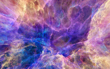 Wall Mural - Galaxy exploration through outer space 3D rendering illustration. Colourful nebulas, galaxies and stars in deep space, glowing gases and energy