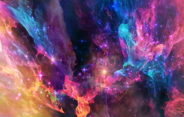 Wall Mural - Galaxy exploration through outer space 3D rendering illustration. Colourful nebulas, galaxies and stars in deep space, glowing gases and energy