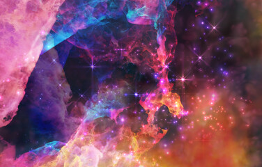Wall Mural - Galaxy exploration through outer space 3D rendering illustration. Colourful nebulas, galaxies and stars in deep space, glowing gases and energy