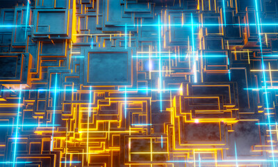 Wall Mural - Sci fi technology background, Futuristic sci-fi metal shapes and glowing lights. Abstract technology background. 3D rendering illustration