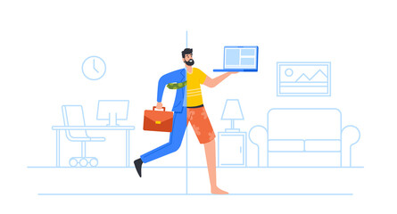 Wall Mural - Businessman Wear Hybrid Clothes Half Formal Suit and Domestic Dressing Run with Laptop in Hands, Man Work at Home