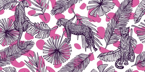 Wall Mural - Savannah wildlife seamless pattern. Vintage Leopard and leaves with pink spots in engraving style.