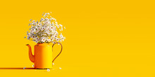 Bouquet Of Fresh Chamomile In Old Yellow Tea Pot On Vivid Yellow Spring Background 3D Rendering, 3D Illustration