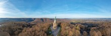 Drone Image Of Arminius Monument In Teutoburg Forest Near German City Detmold Taken In Morning Time