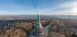 Drone image of Arminius monument in Teutoburg Forest near German city Detmold taken in morning time