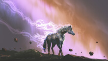 The Magic Horse Standing Alone Against The Colorful Night Sky, Digital Art Style, Illustration Painting