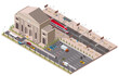 Vector isometric infographic element or icon. low poly railway public train station building with trains, platform, parking and related infrastructure.