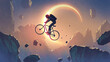 A cyclist crossing a cliff against the sky with solar eclipse, digital art style, illustration painting