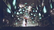 Cyberpunk Concept Showing A Man Running Along A Futuristic Path Full Of Monitors, Digital Art Style, Illustration Painting