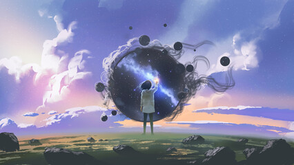 A young girl standing during the day reaching out to grab a star in the night dimension, digital art style, illustration painting