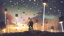 Man On Bicycle In A Land Full Of Lanterns, Digital Art Style, Illustration Painting