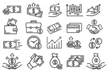 Set Of Financial Things Flat Icons. Pictograms For Web. Line Stroke. Finance And Economy Isolated On White Background. Vector Eps10