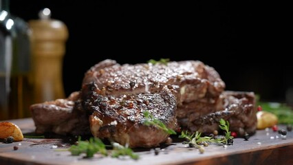 Canvas Print - Cooked juicy steak meat beef with seasoning dropped on wooden chopping board. slow motion