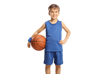 Poster - Boy in a blue jersey holding a basketball and smiling