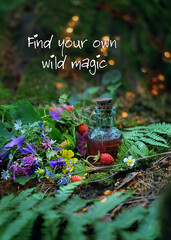 Find your own wild magic - inspiration quote. magic bottle, berries and flowers in forest, green natural background. Witchcraft concept. wiccan witch altar for Summer solstice, Litha pagan holiday