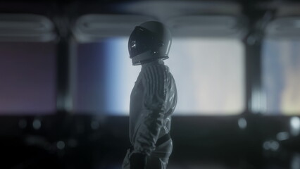 Wall Mural - astronaut going through the tunnel to another compartment of futuristic spaceship. 3d rendering