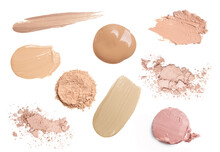 Set Of Liquid, Ceamy And Powder Makeup Samples Islated On White Background. Decorative Cosmetic Smears. Concealers, Correctors And Foundation Swatches.