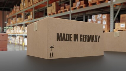 Boxes with MADE IN GERMANY text on conveyor. 3d rendering