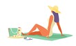 Mature woman relaxing and chilling on sandy beach at seaside resort on summer vacation. Female character lying on towel. Isolated vector illustration.
